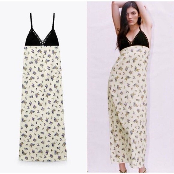 Zara Maxi Dress Satin Black Crochet Top Cream Lavender Floral Festival Large NWT - Picture 1 of 9